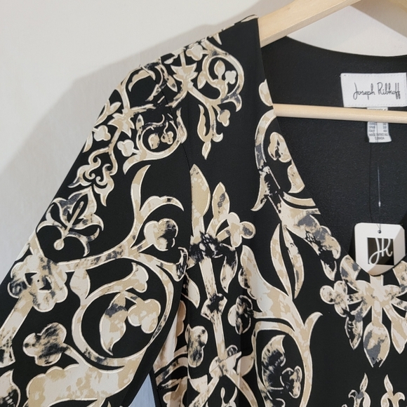 NWT Joseph Ribkoff Black Cream Tie Knot Faux Wrap Sheath Dress Sz 6 Stretchy - Picture 6 of 12